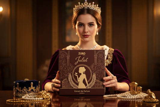 Woman holding a Zuro Juliet perfume box in an elegant setting with jewelry.
