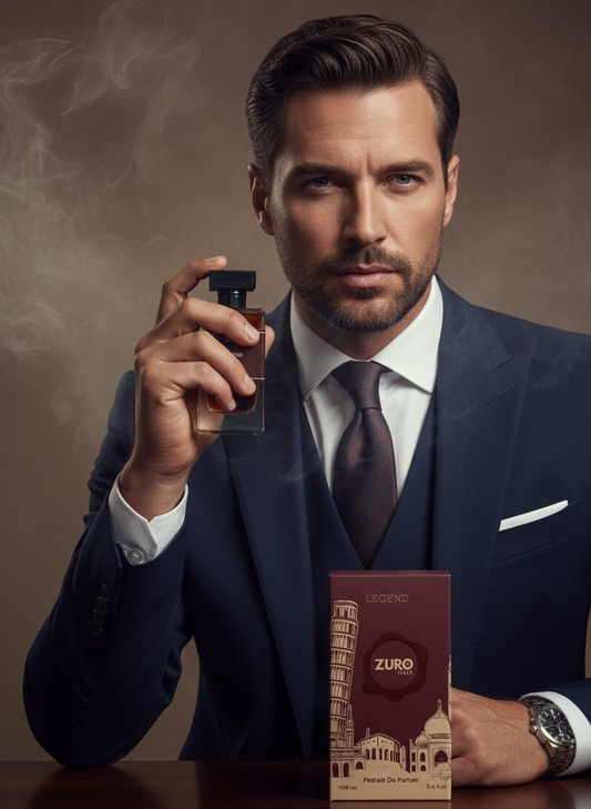 Man in a suit holding a perfume bottle with a Zuro box in the foreground