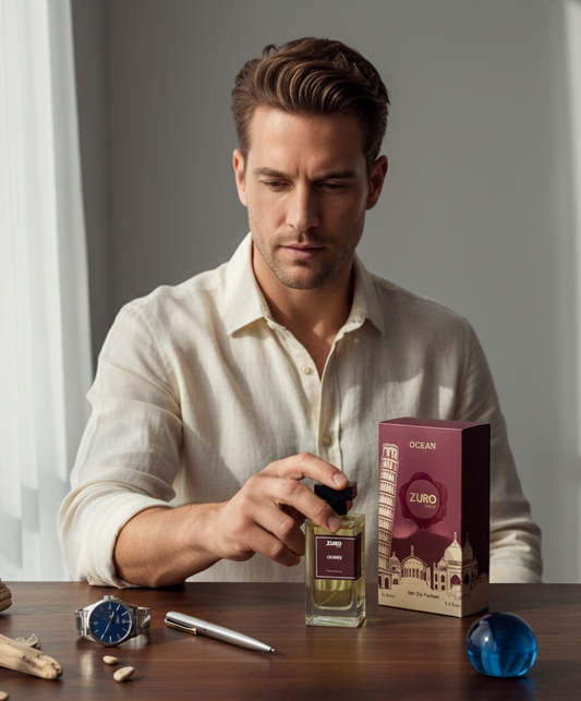 Man holding a bottle of perfume next to a Zuro product box on a table.