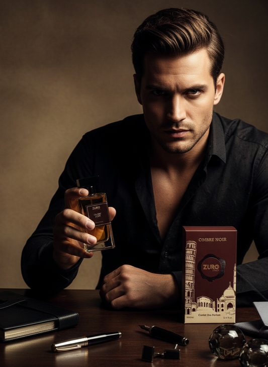 Man holding a perfume bottle with a box on a table against a brown background