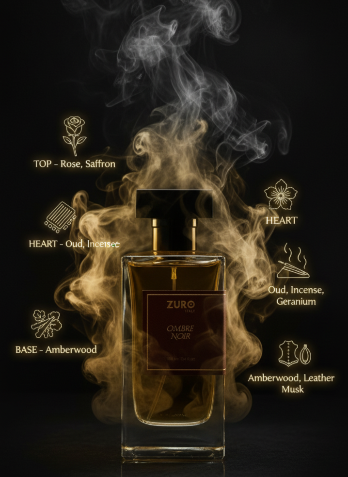 Perfume bottle with smoke and fragrance notes on a black background