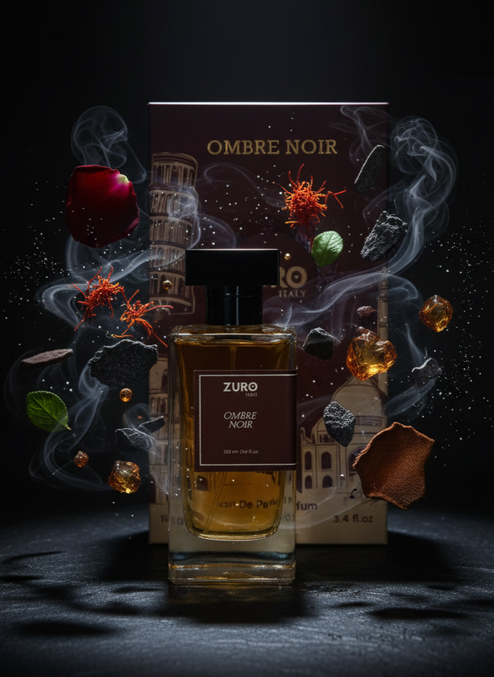 Zuro Ombre Noir perfume bottle with decorative elements on a dark background