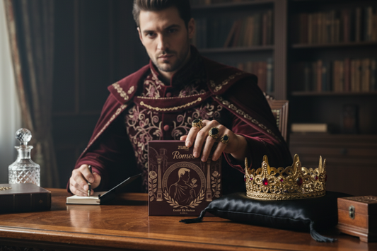 Man in ornate robe holding a book with a crown and other items on a desk in a library setting