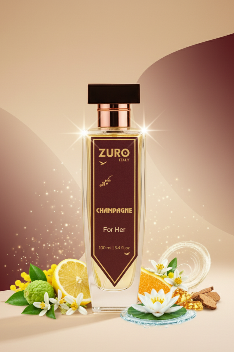 Zuro perfume bottle with floral and citrus elements on a beige background