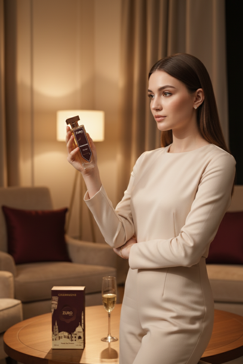 Woman holding a bottle of wine in a cozy indoor setting