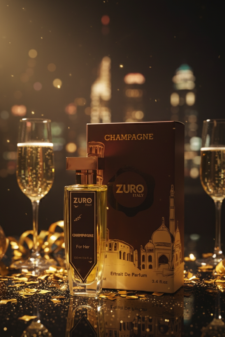 Zuro perfume bottle and packaging with champagne glasses against a cityscape background
