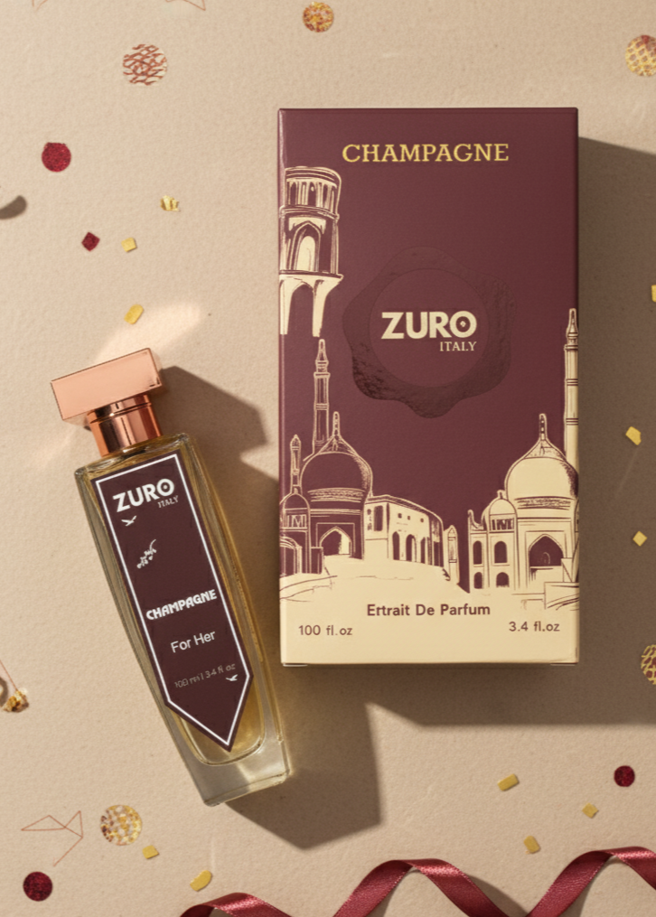 Zuro Champagne perfume bottle and packaging on a decorative background