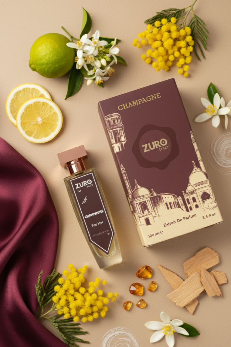 Zuro perfume bottle and packaging with flowers, fruits, and amber on a beige background