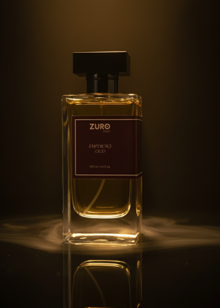 Zuro perfume bottle on a reflective surface with a dark background