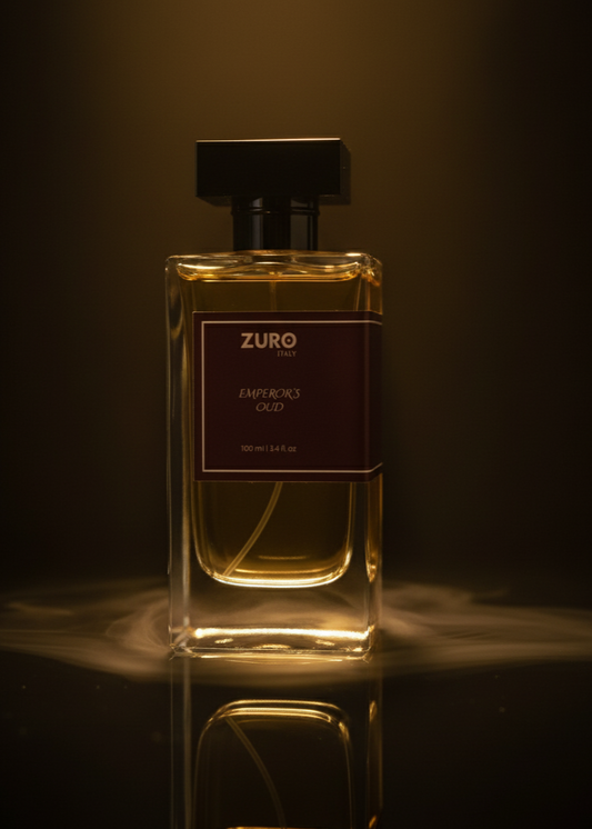 Zuro perfume bottle on a reflective surface with a dark background