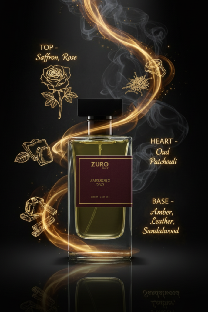 Zuro perfume bottle with smoke effects and fragrance notes on a dark background