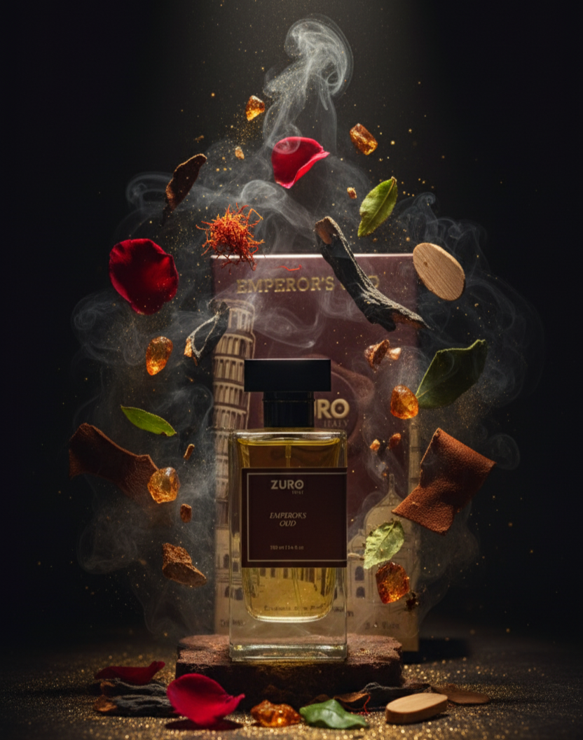 Perfume bottle with decorative elements on a dark background