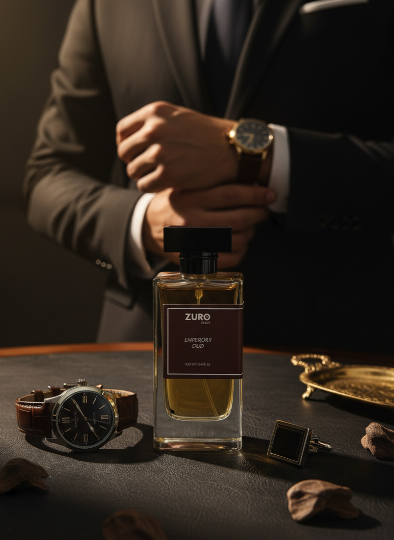 Man in suit with Zuro perfume bottle and accessories on a dark surface
