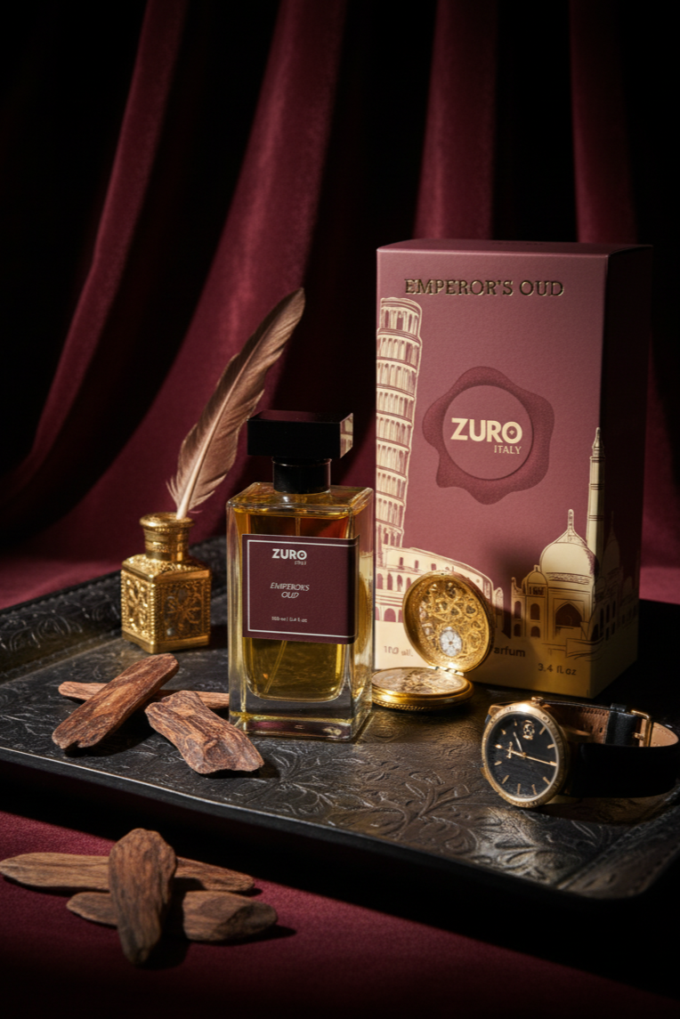 Zuro perfume bottle with packaging and decorative items on a dark surface