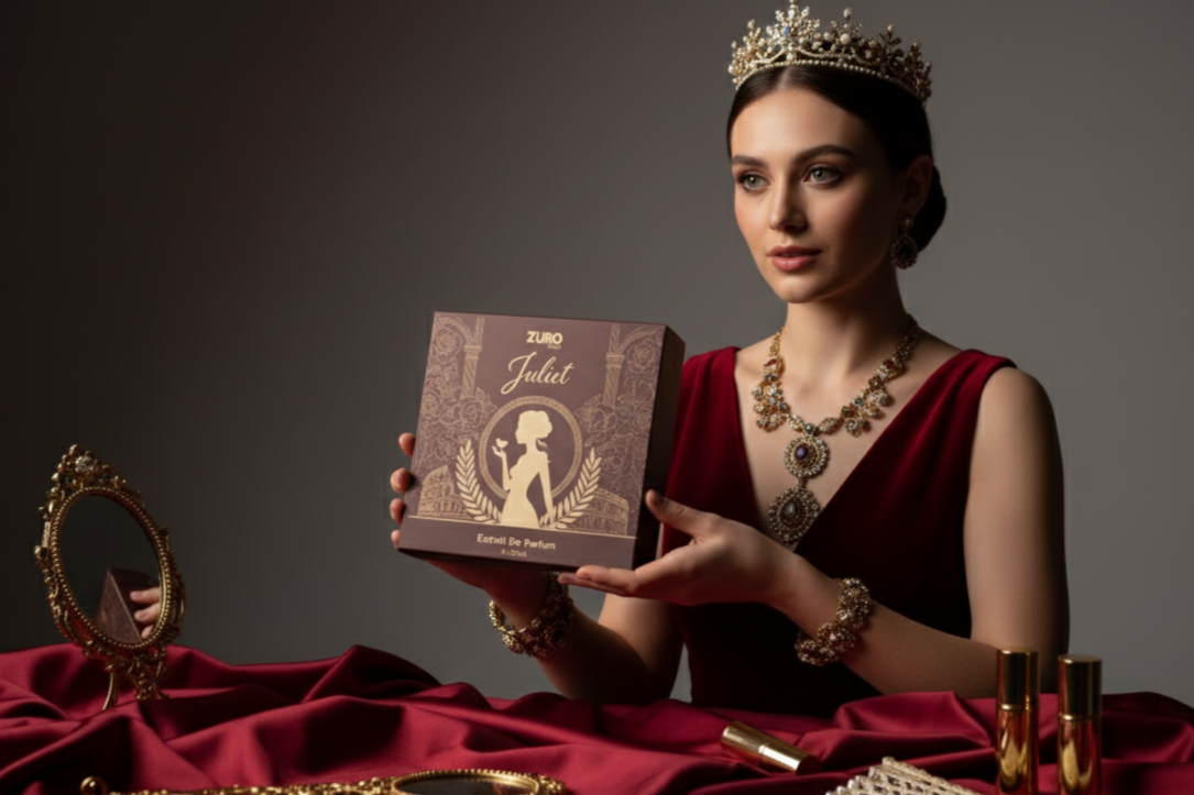 Woman in a red dress holding a Zuro Juliet box with jewelry and makeup items on a dark background