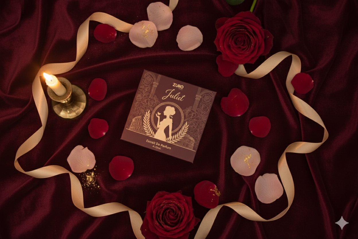 ZURO Julel product on a dark fabric background with red roses and candles