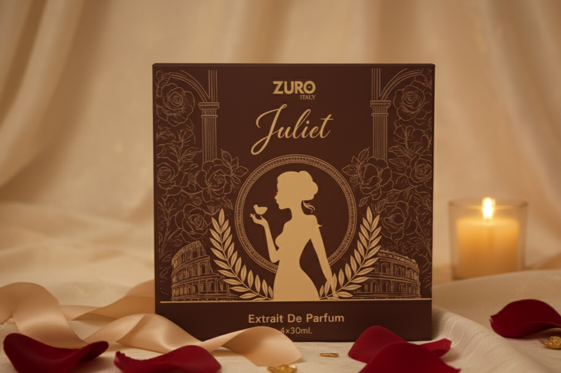 Zuro Juliet perfume box with red rose petals and a candle on a beige background