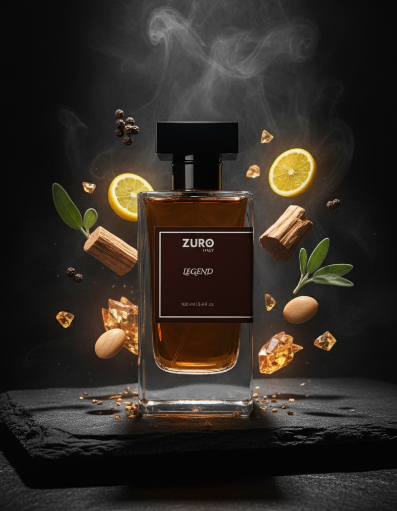 Zuro Legend perfume bottle with decorative elements on a dark background