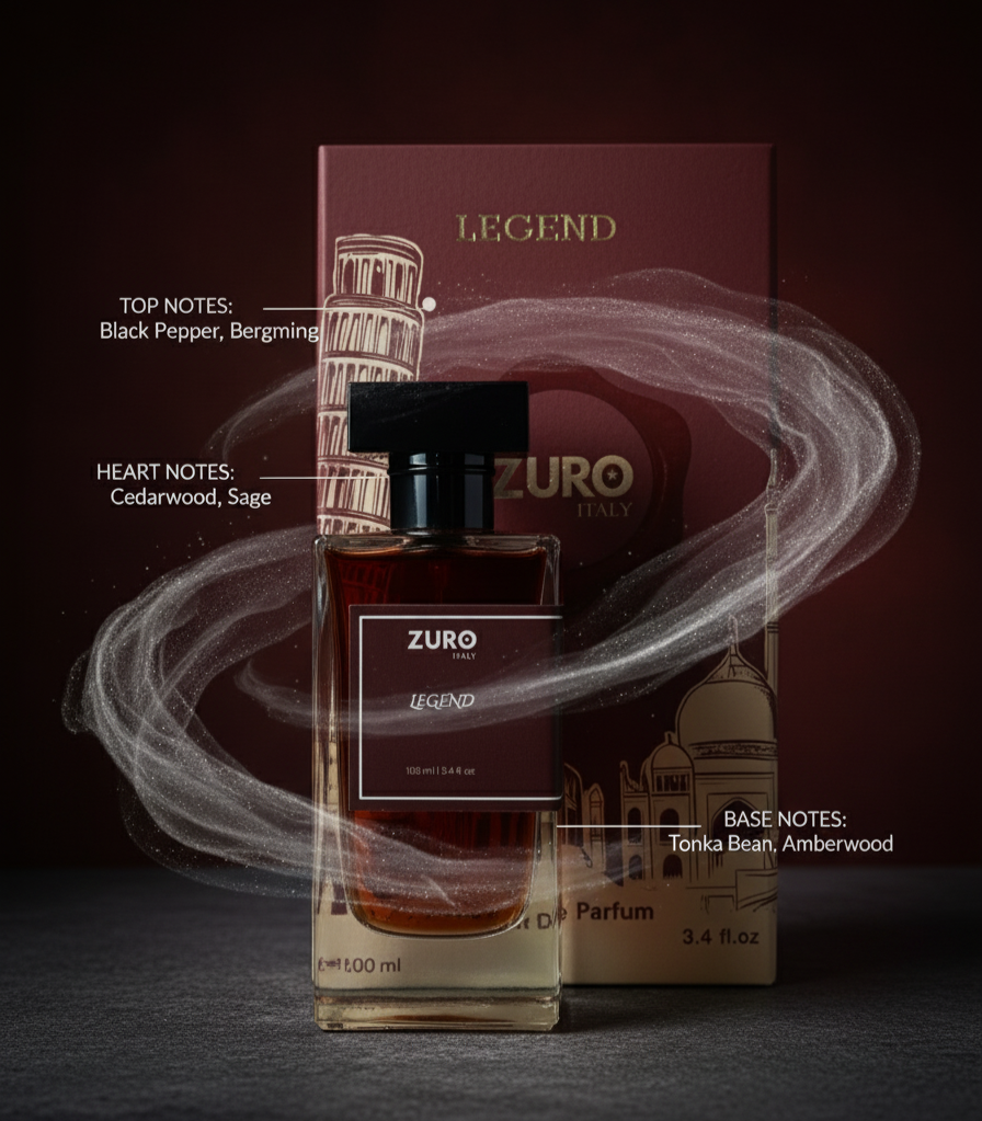 Zuro Legend perfume bottle and packaging with detailed notes on a dark background