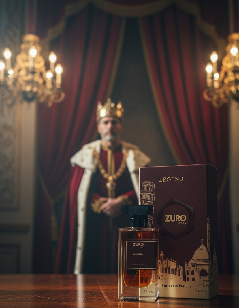 Zuro Legend perfume bottle and packaging on a wooden table with a regal figure in the background.