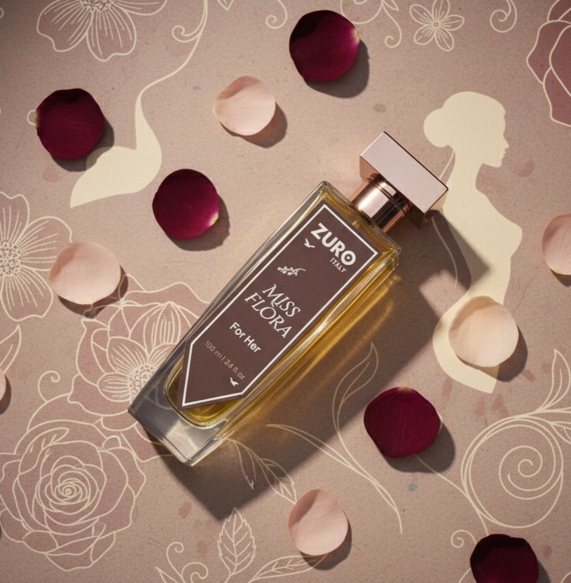 Perfume bottle labeled 'Zuro' on a decorative background with floral patterns and rose petals.