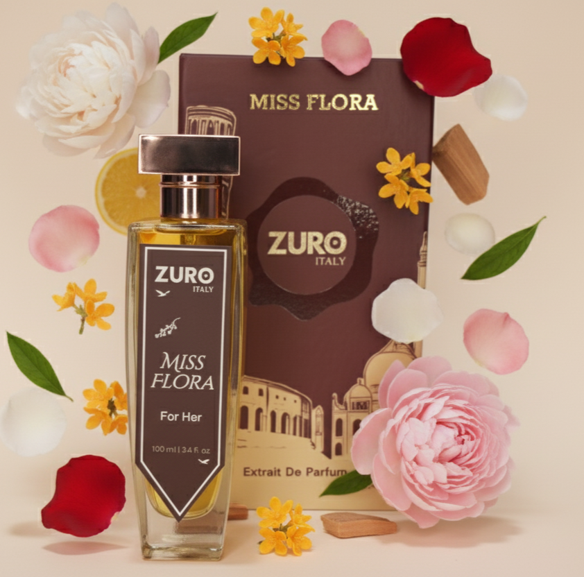 Zuro perfume bottle with packaging and floral decorations on a beige background