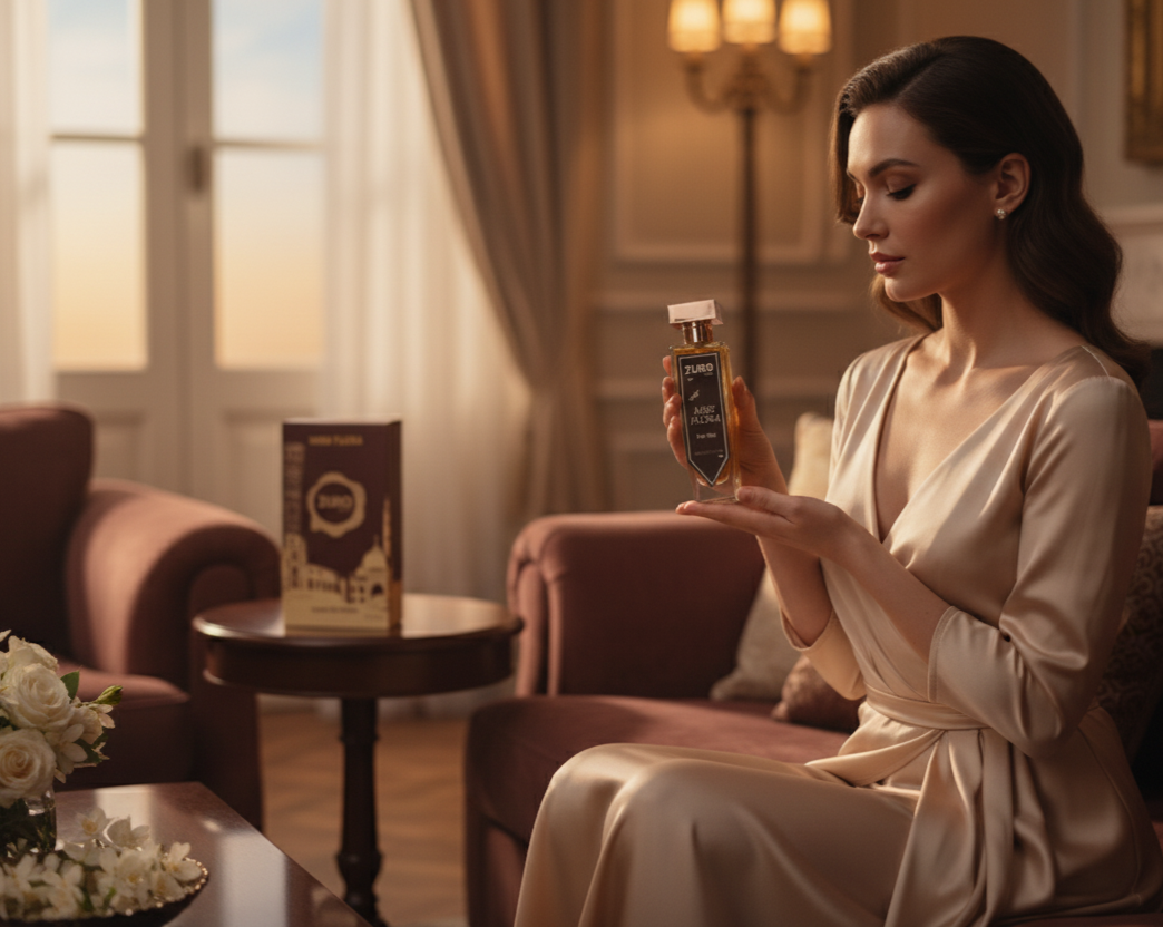 Woman in a luxurious room holding a bottle of perfume