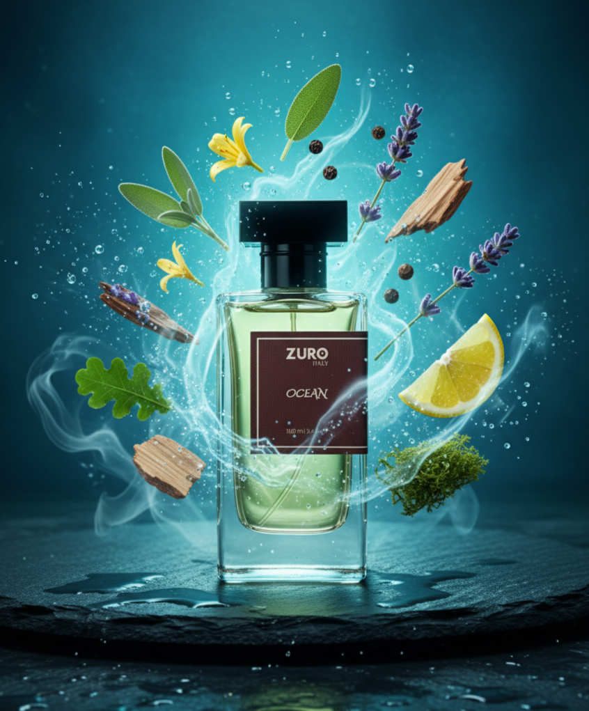 Zuro Ocean perfume bottle with floral and natural elements on a blue background