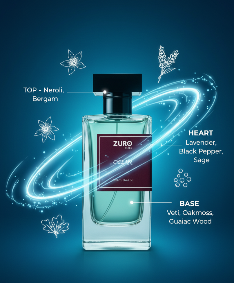 Perfume bottle labeled 'Zuro' with fragrance notes on a dark blue background