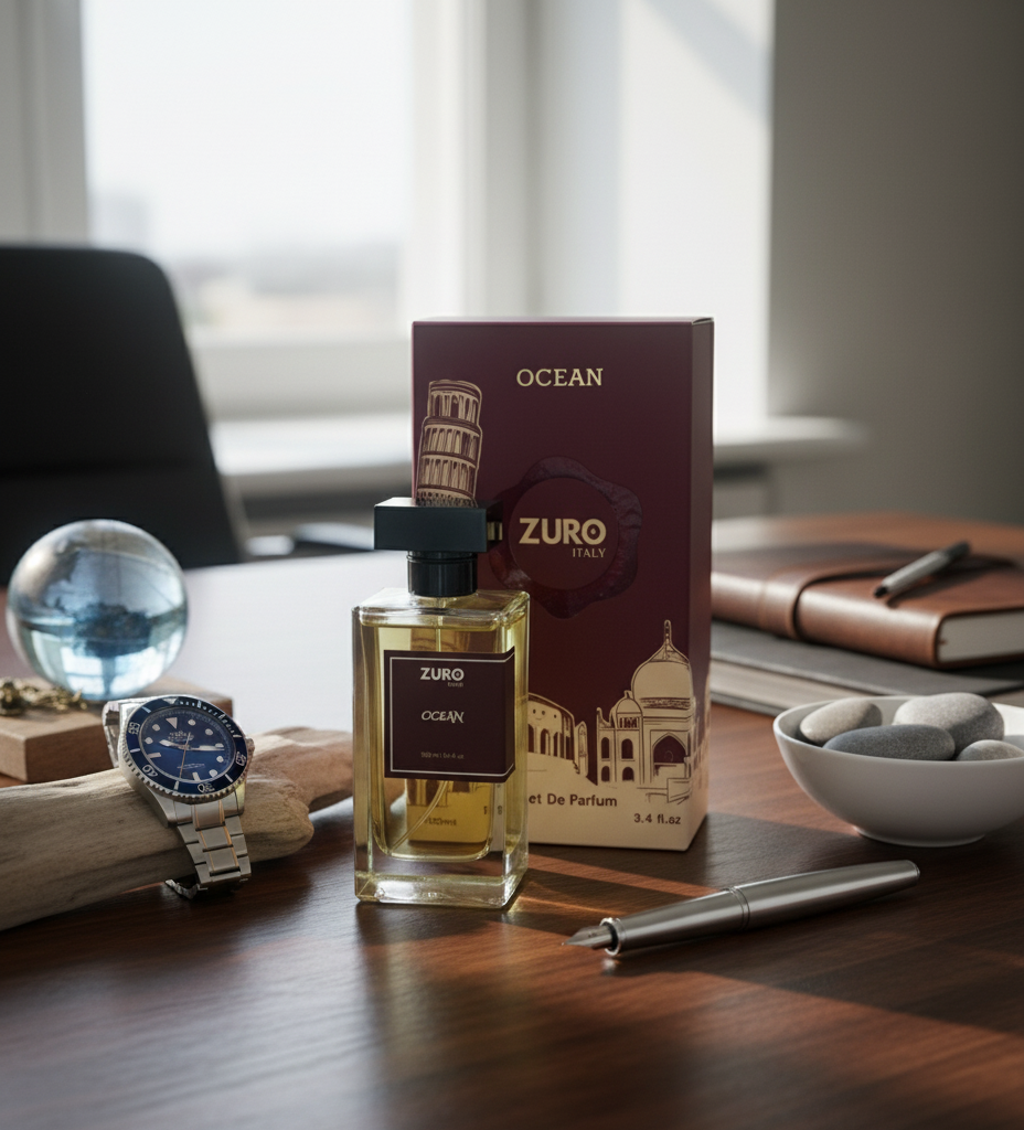 Zuro Ocean perfume bottle and packaging on a wooden surface with a blurred background