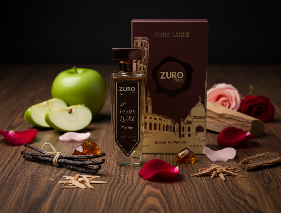 Zuro Pure Luxe perfume bottle and packaging on a wooden surface with apples, roses, and vanilla beans.