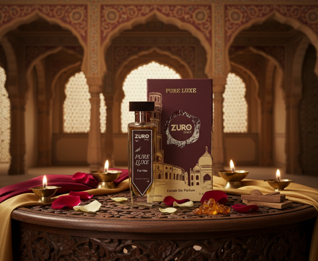 Zuro perfume bottle and packaging on a decorative table with candles and rose petals in an ornate room.