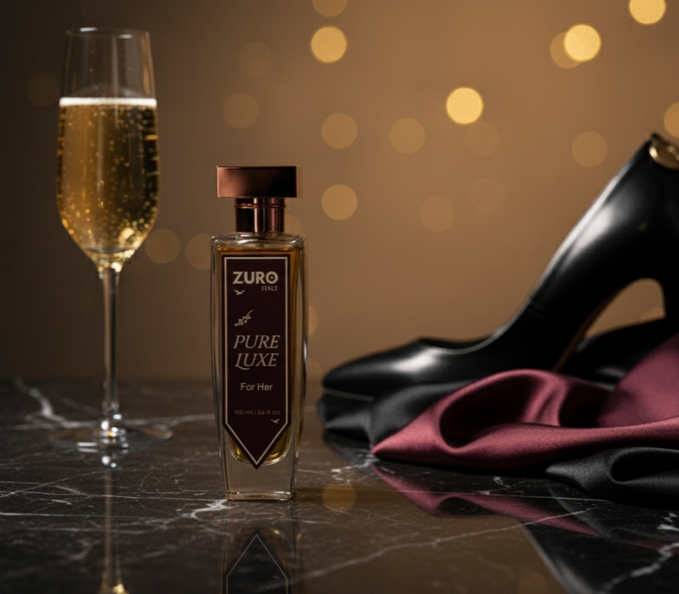 Zuro Pure Luxe perfume bottle with a glass of champagne and black high-heeled shoes on a dark surface with blurred lights in the background.