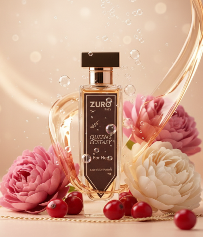 Perfume bottle labeled 'Zuro Queen's Eclat' with flowers and berries on a soft background
