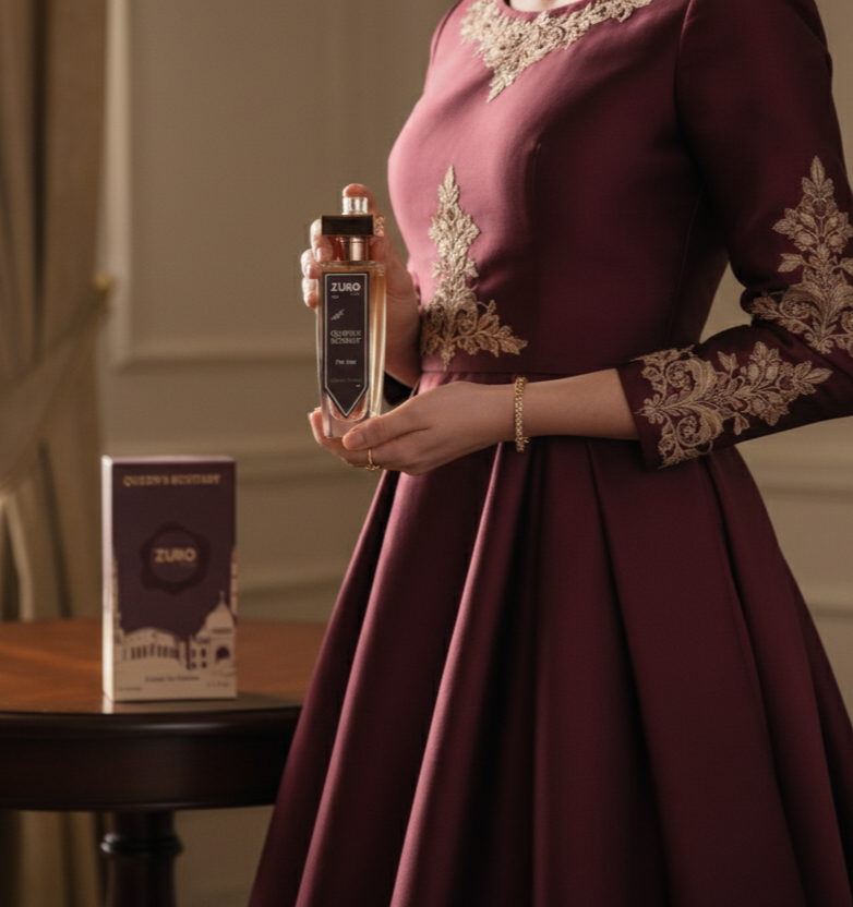 Woman in a burgundy dress holding a Zara perfume bottle in an elegant room.