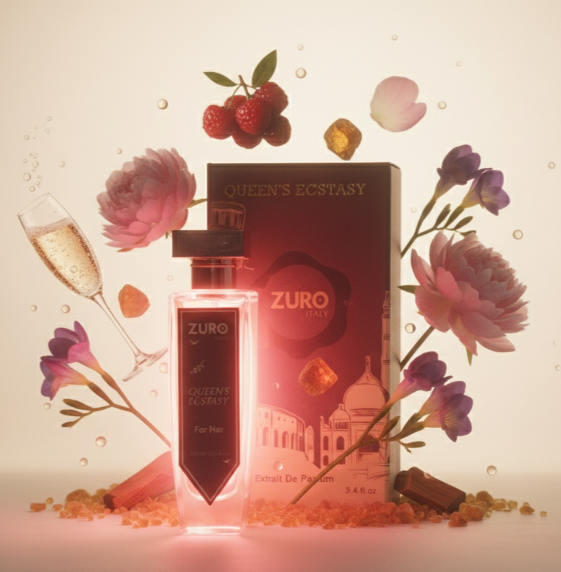 Zuro perfume bottle with packaging surrounded by flowers on a light background