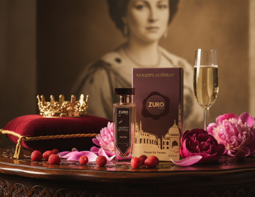 Zuro perfume bottle with a glass of champagne, flowers, and a crown on a table with a portrait in the background.