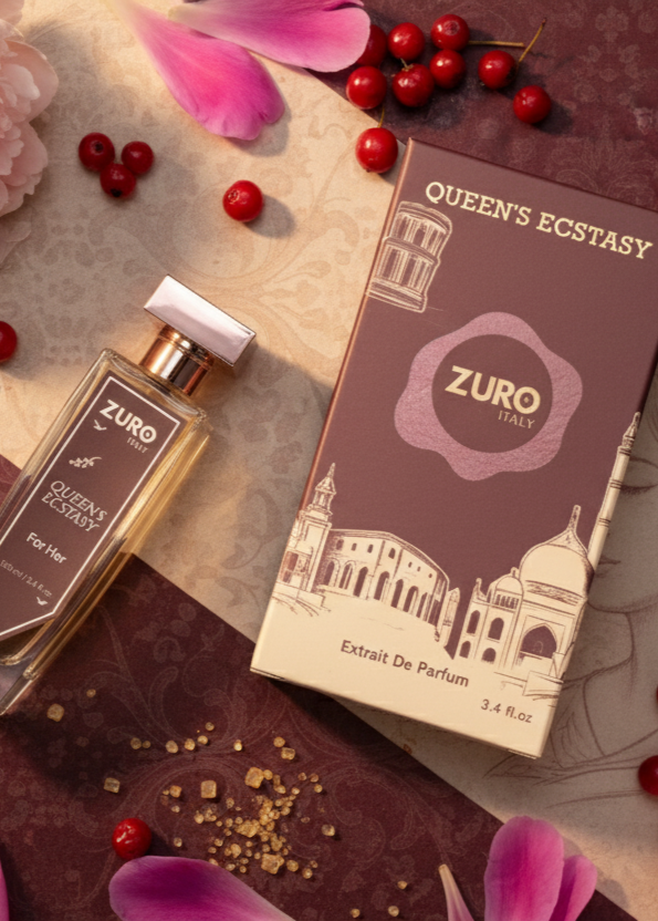 Zuro Queen's Ecstasy perfume bottle and packaging on a decorative surface with flowers and berries.