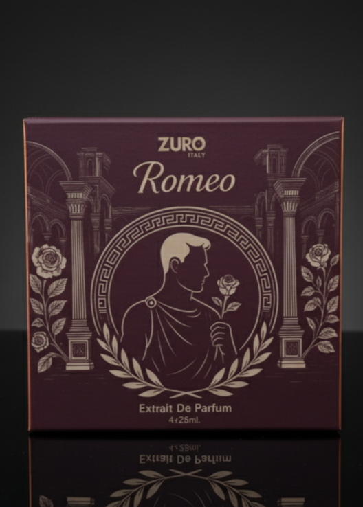 Zuro Romeo perfume box with decorative elements on a dark background