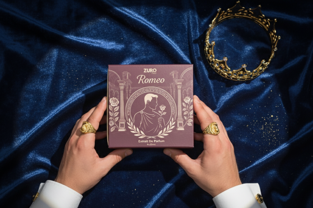 ZURO Romeo perfume box held by hands on a blue satin background
