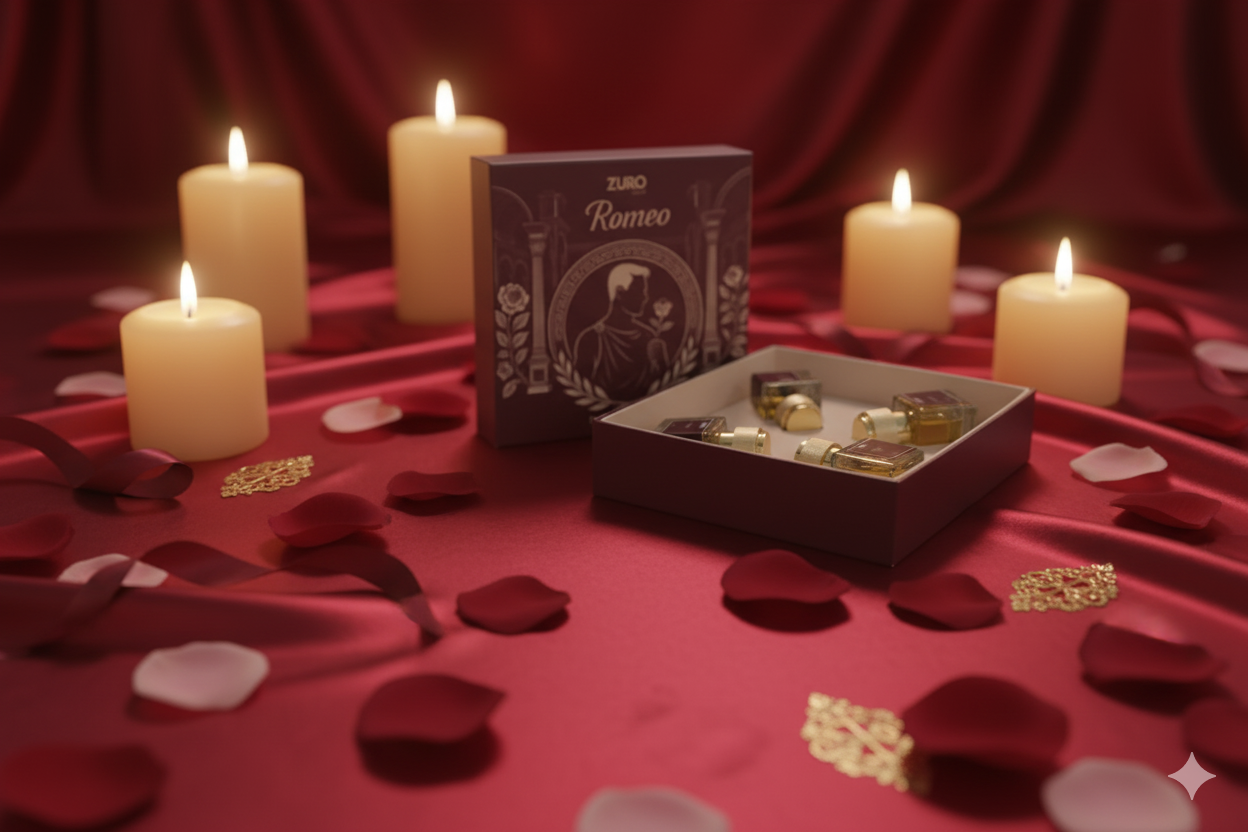 Romeo chocolates with candles and rose petals on a red surface