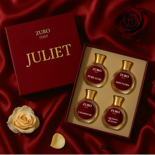 Zuro Italy Juliet perfume set for her India with four elegant fragrance bottles in a red gift box