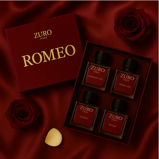 Zuro Italy men's perfume gift box featuring four elegant cologne bottles on red silk background
