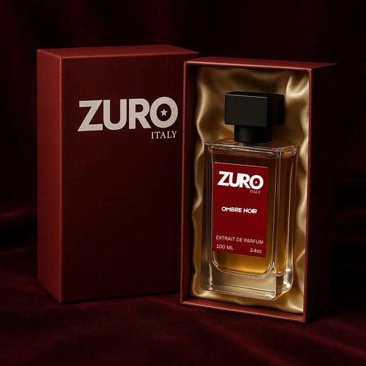 Zuro Italy Ombre Noir extrait de parfum luxury perfume bottle in elegant red and gold box